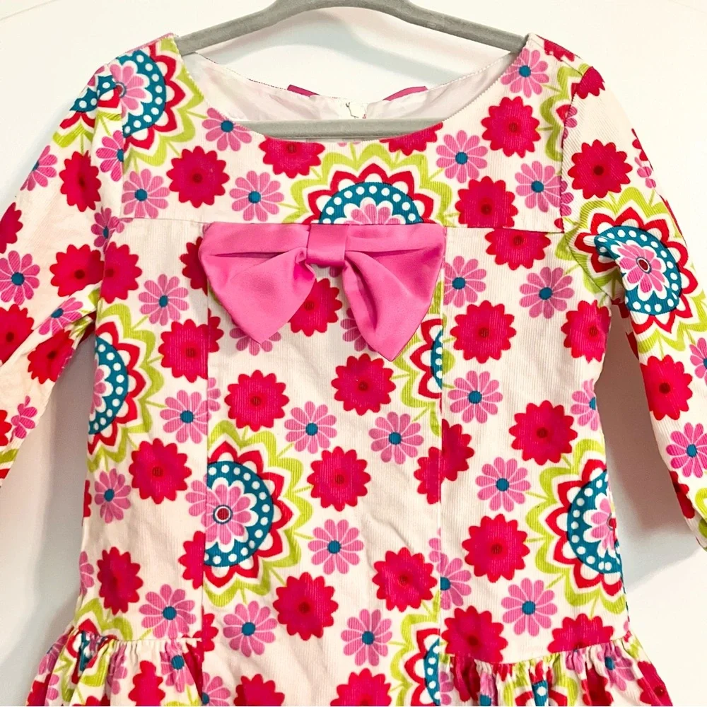 Bonnie Jean long-sleeve white corduroy floral pink bow‎ dress girls Sz 4T